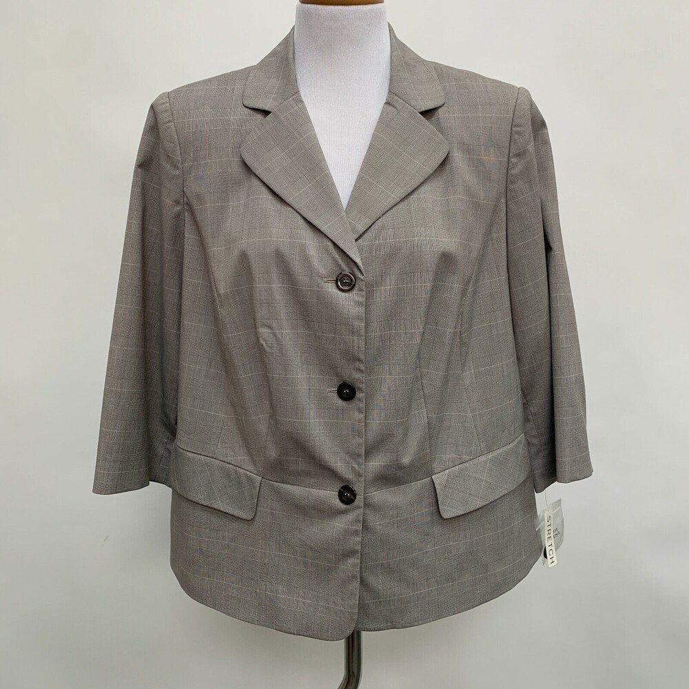 Valerie Stevens Women's Blazer Size 14W Brown Print Lined 3/4 Sleeves Plaid NWOT